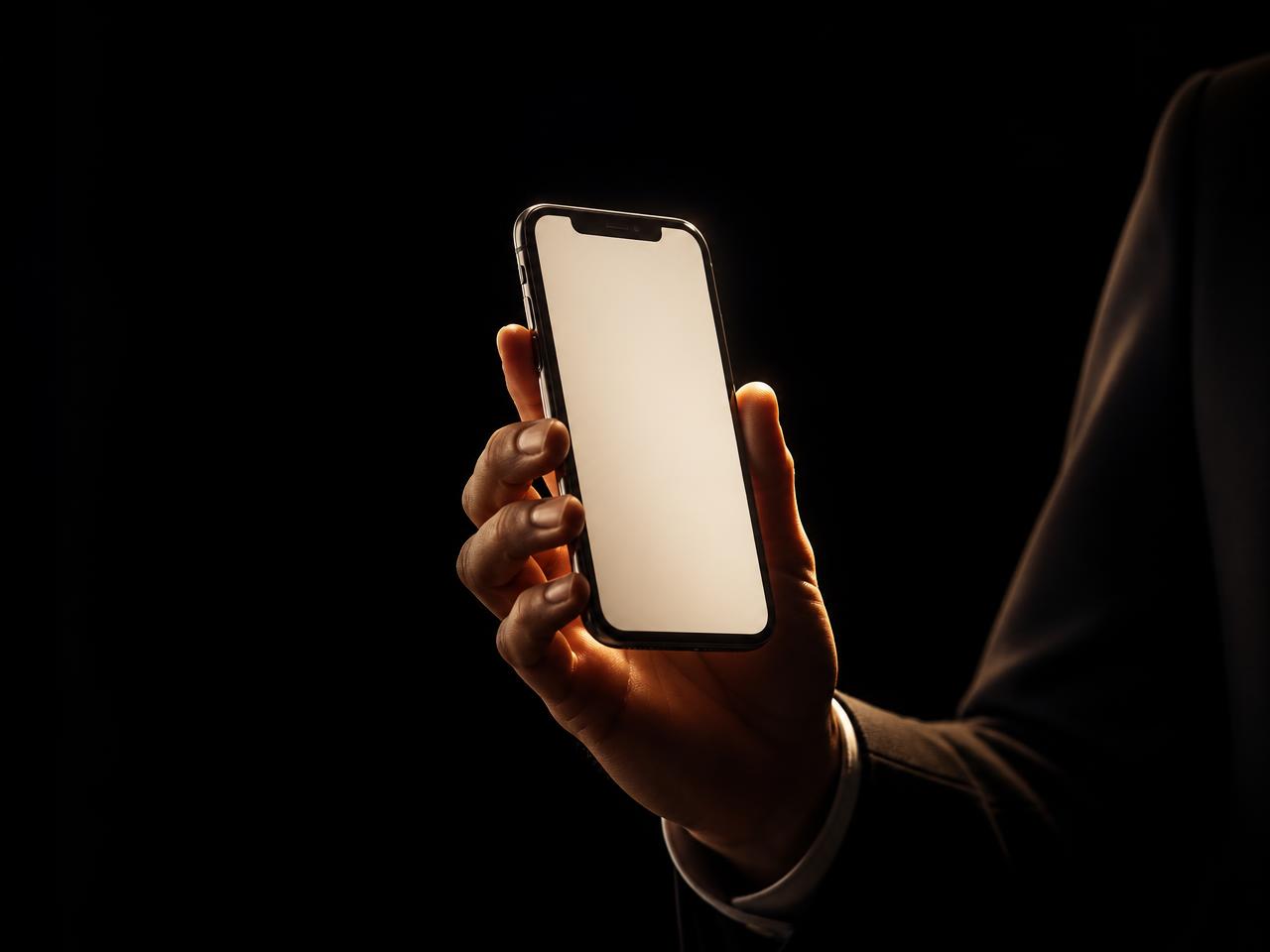 Mão segurando um smartphone iluminado sobre fundo escuro