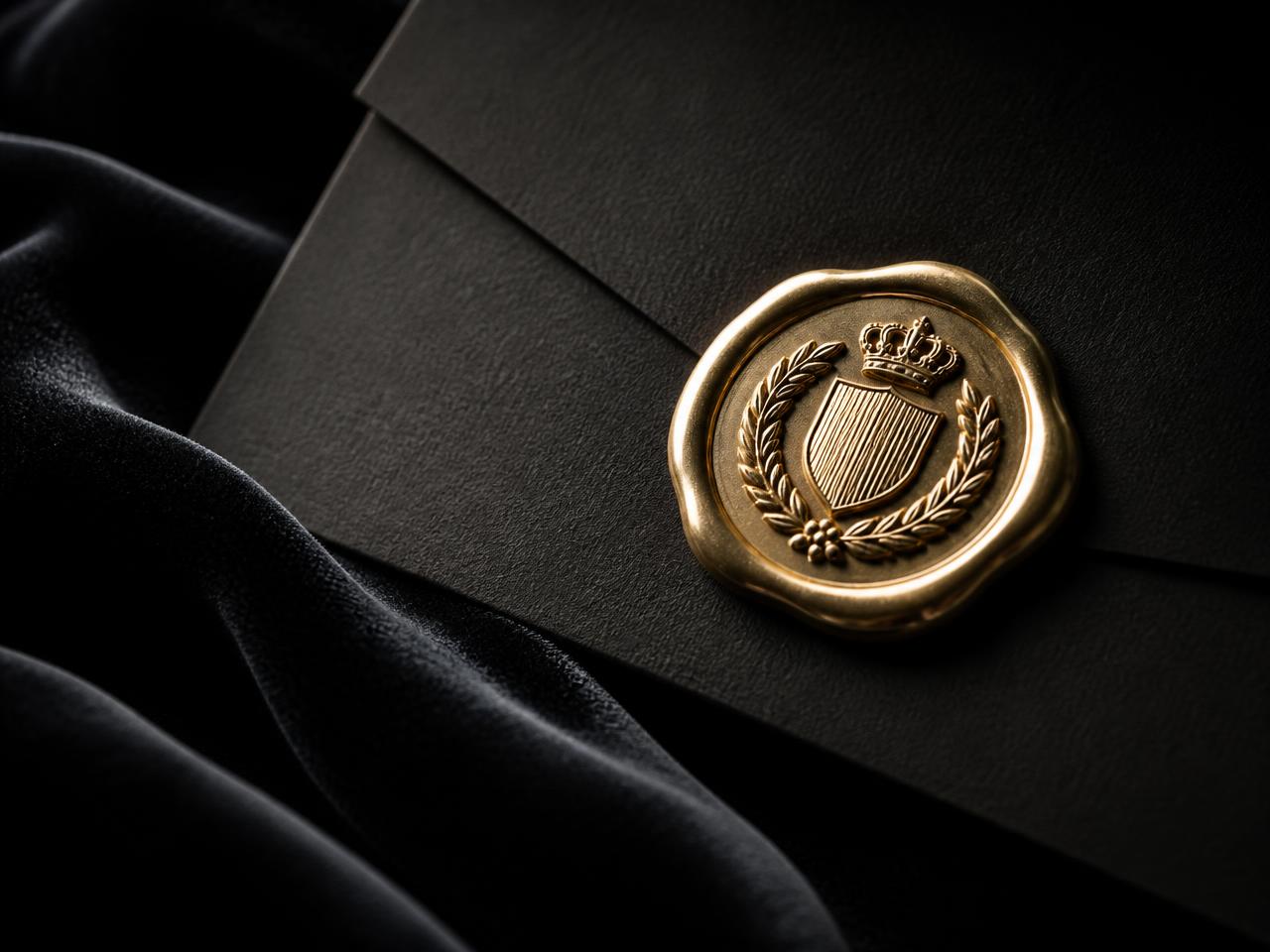Selo de cera dourado sobre envelope preto representando garantia