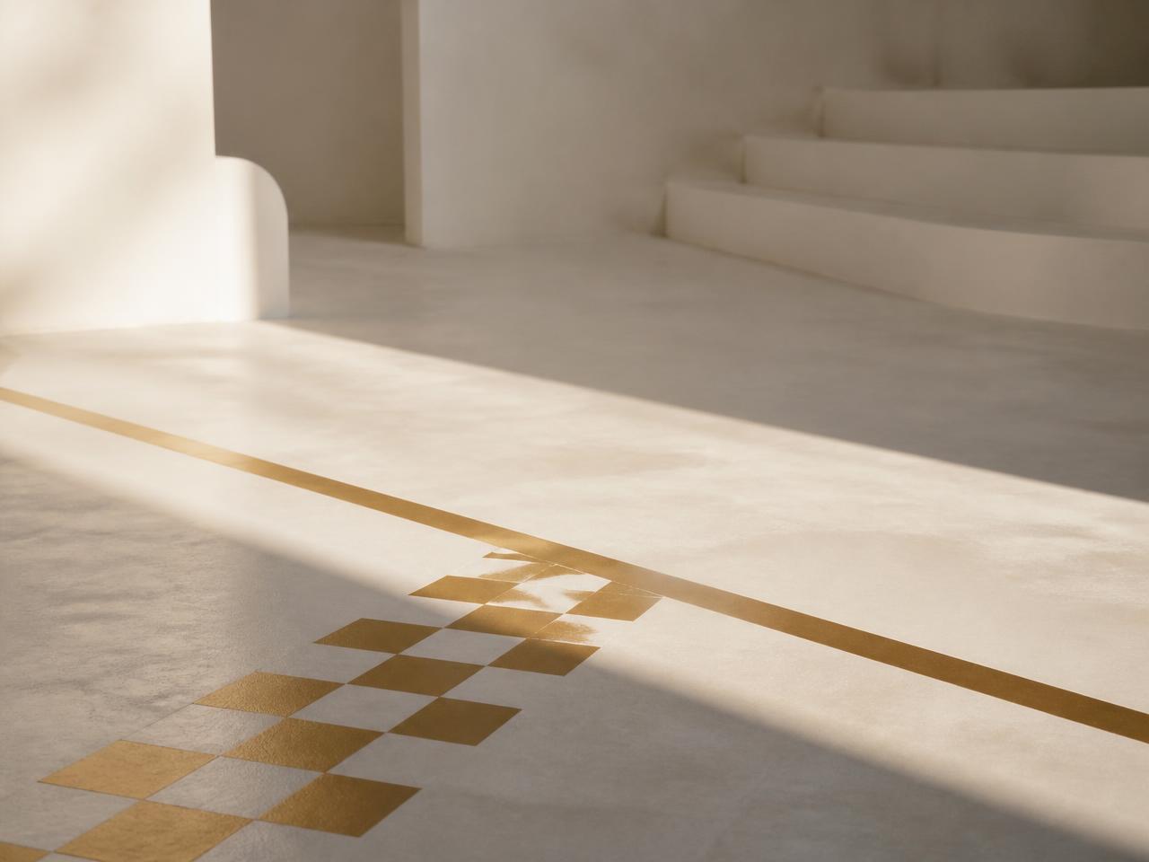 Linha de partida dourada pintada em piso claro com luz da manhã