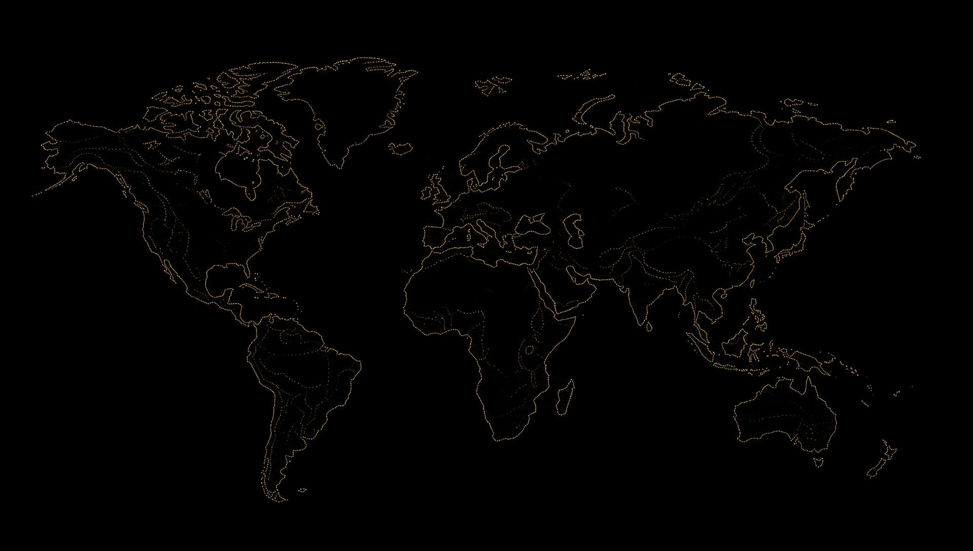 Mapa minimalista indicando atuação nos Estados Unidos, Europa e Brasil
